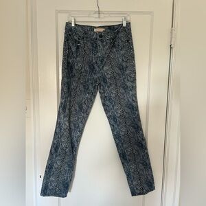 Tory Burch Blue Snake-Print Jeans with Orange Stitching